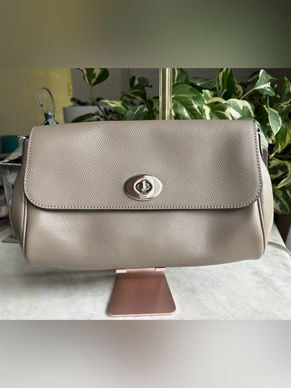 Coach Taupe Leather Clutch/Shoulder Bag with Turn-Lock Closure and Two Straps - Picture 5 of 12